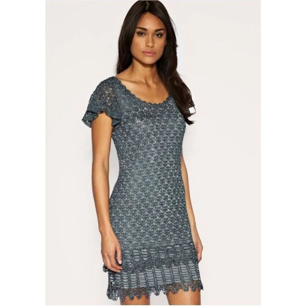 Belle By Oasis Sz Small Dress Crochet Metallic Glitter Coctel Formal Strech Y2k